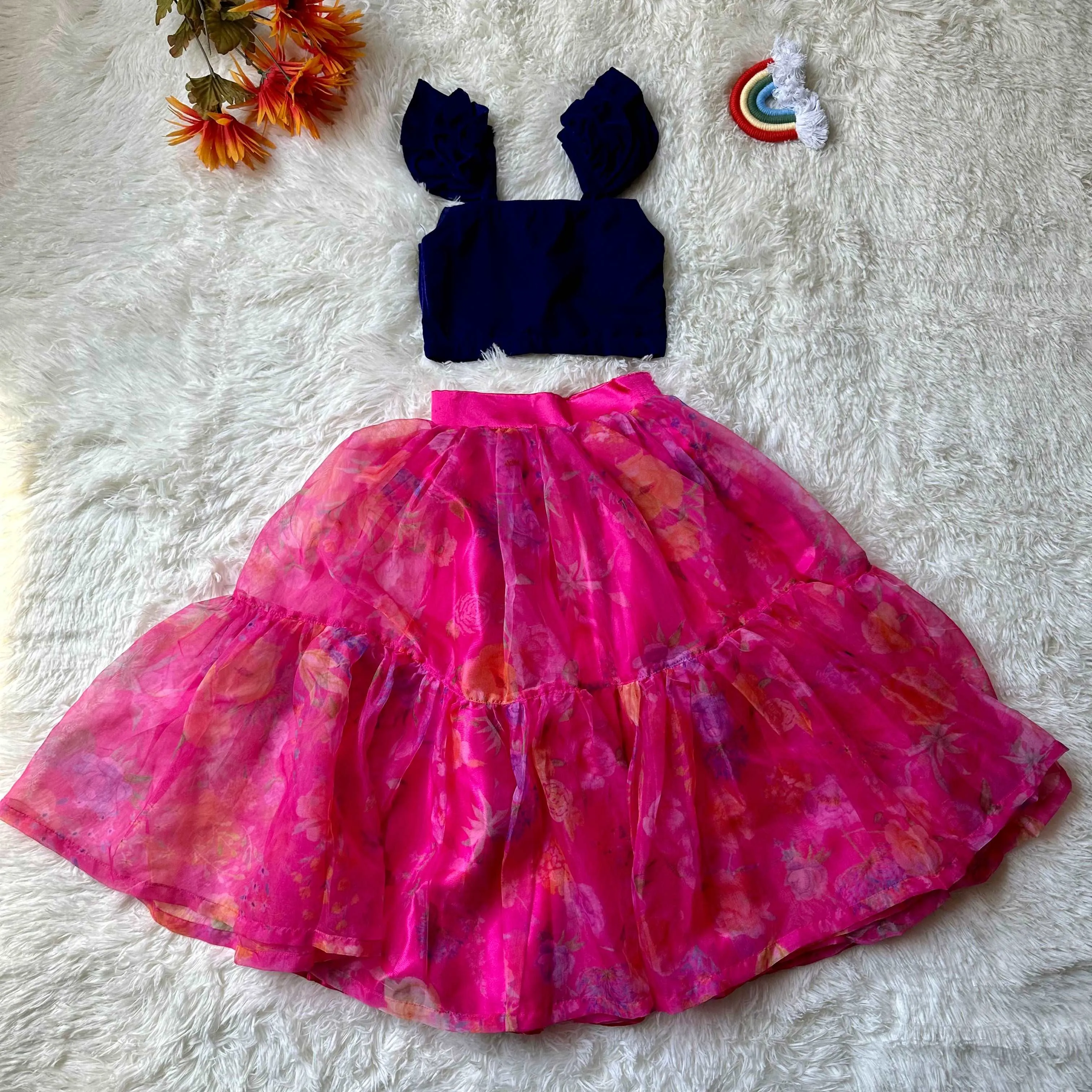 Ethereal Velvet Crop Top and Floral Organza Skirt | 3-4 Yrs