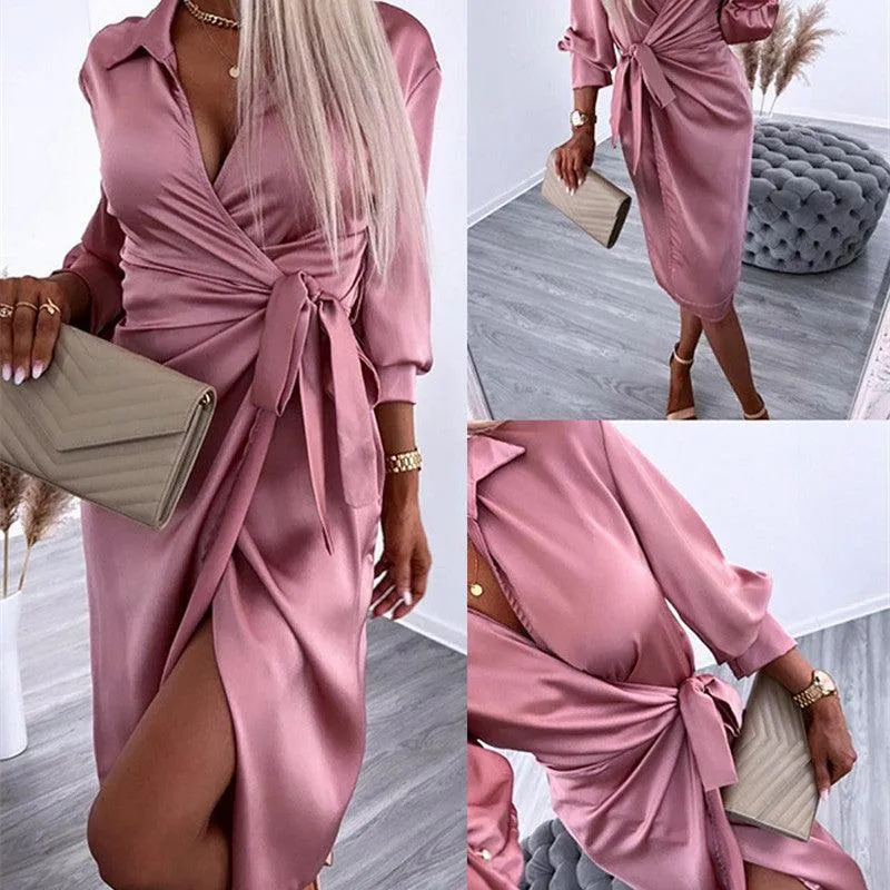 European And American Satin Waist Shirt Dress