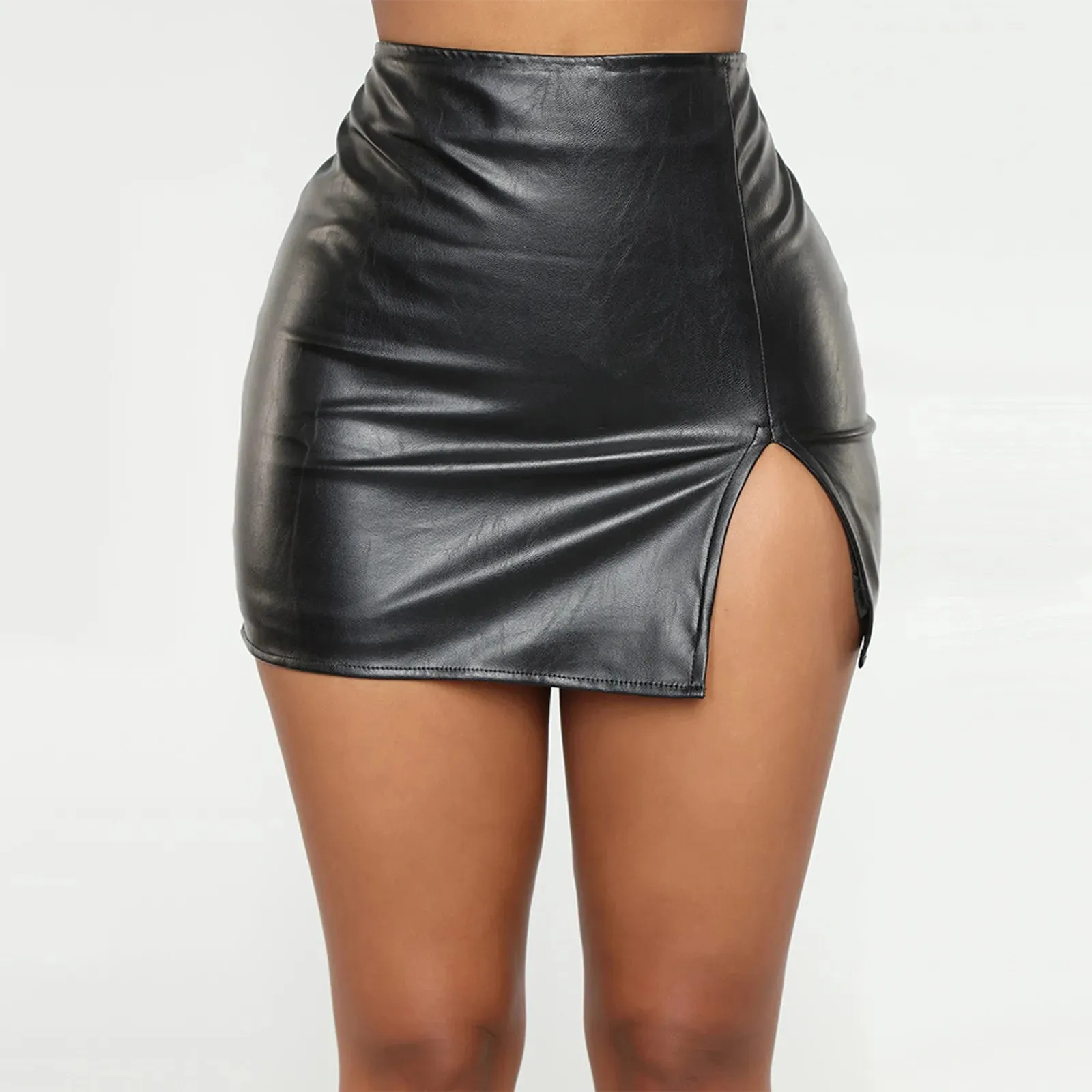 Fashionable Pure Color Sexy PU Leather Mini Hip Skirt Bottom