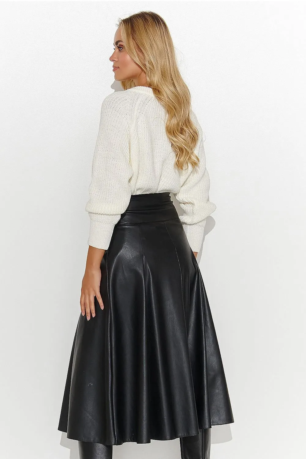 Faux Leather Knee Length Belted Skirt