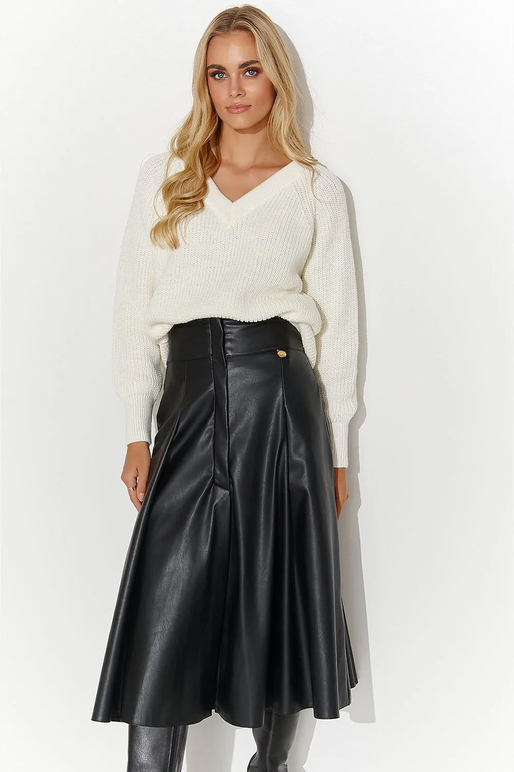 Faux Leather Knee Length Belted Skirt