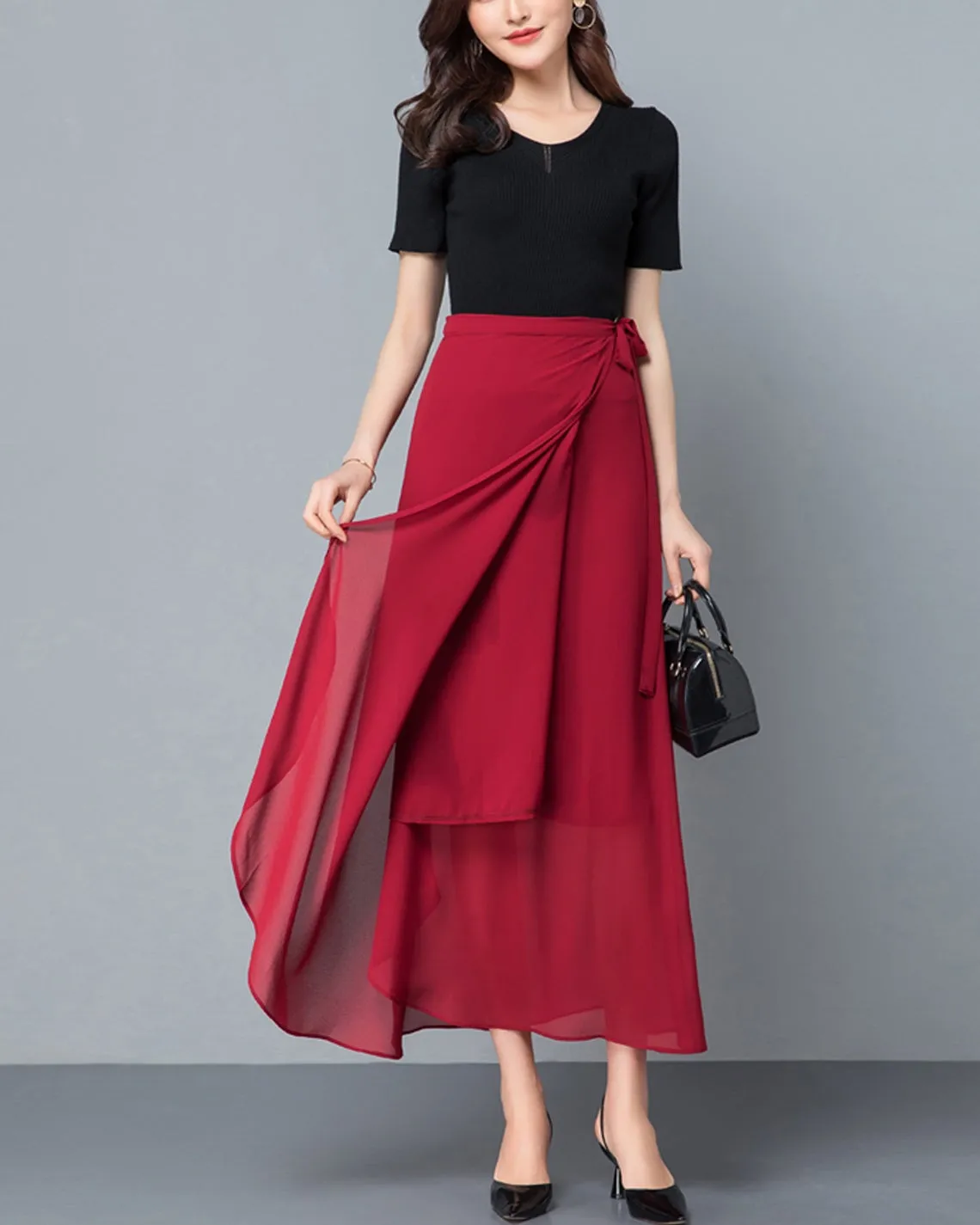 Flare skirt, Chiffon midi skirt, Women's wrap skirt, A-line skirt, long skirt, high waist skirt, plus size skirt, customized skirt A0014