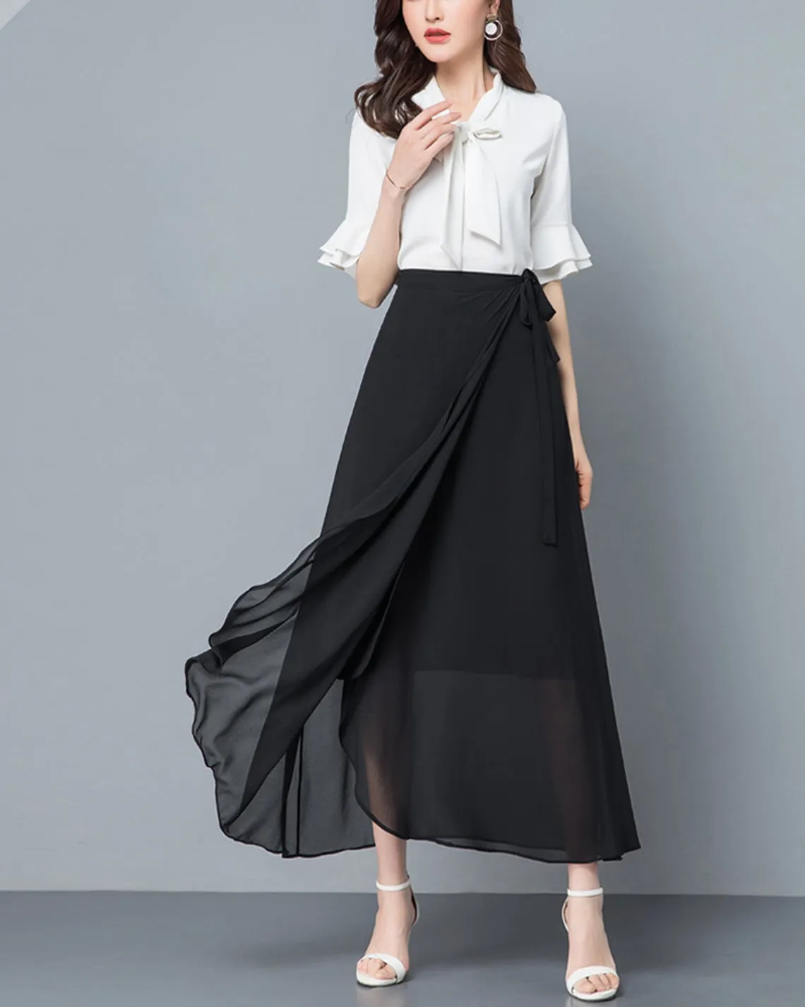 Flare skirt, Chiffon midi skirt, Women's wrap skirt, A-line skirt, long skirt, high waist skirt, plus size skirt, customized skirt A0014