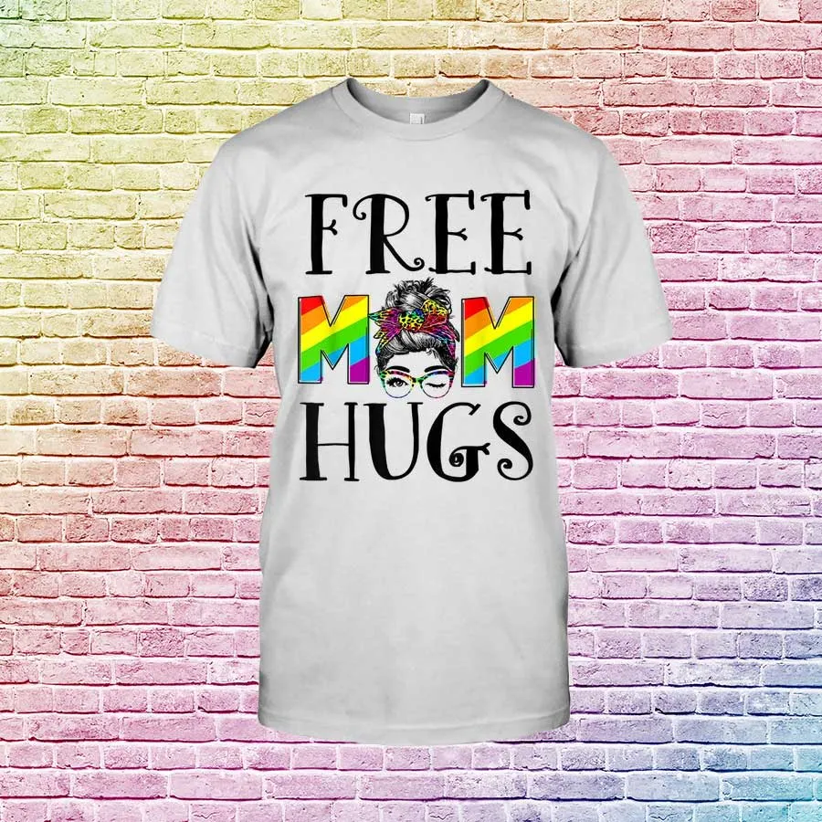 Free Mom Hugs Messy Bun Lgbt Flag Pride Leopard Tiedye Heart T Shirt, Lesbian Shirt