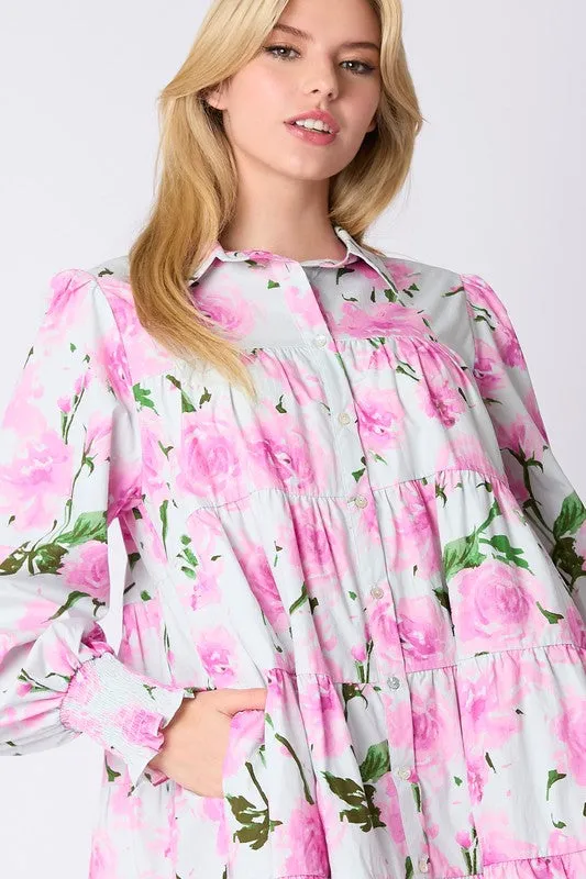 From the Start Floral Shirt Dress - Pink