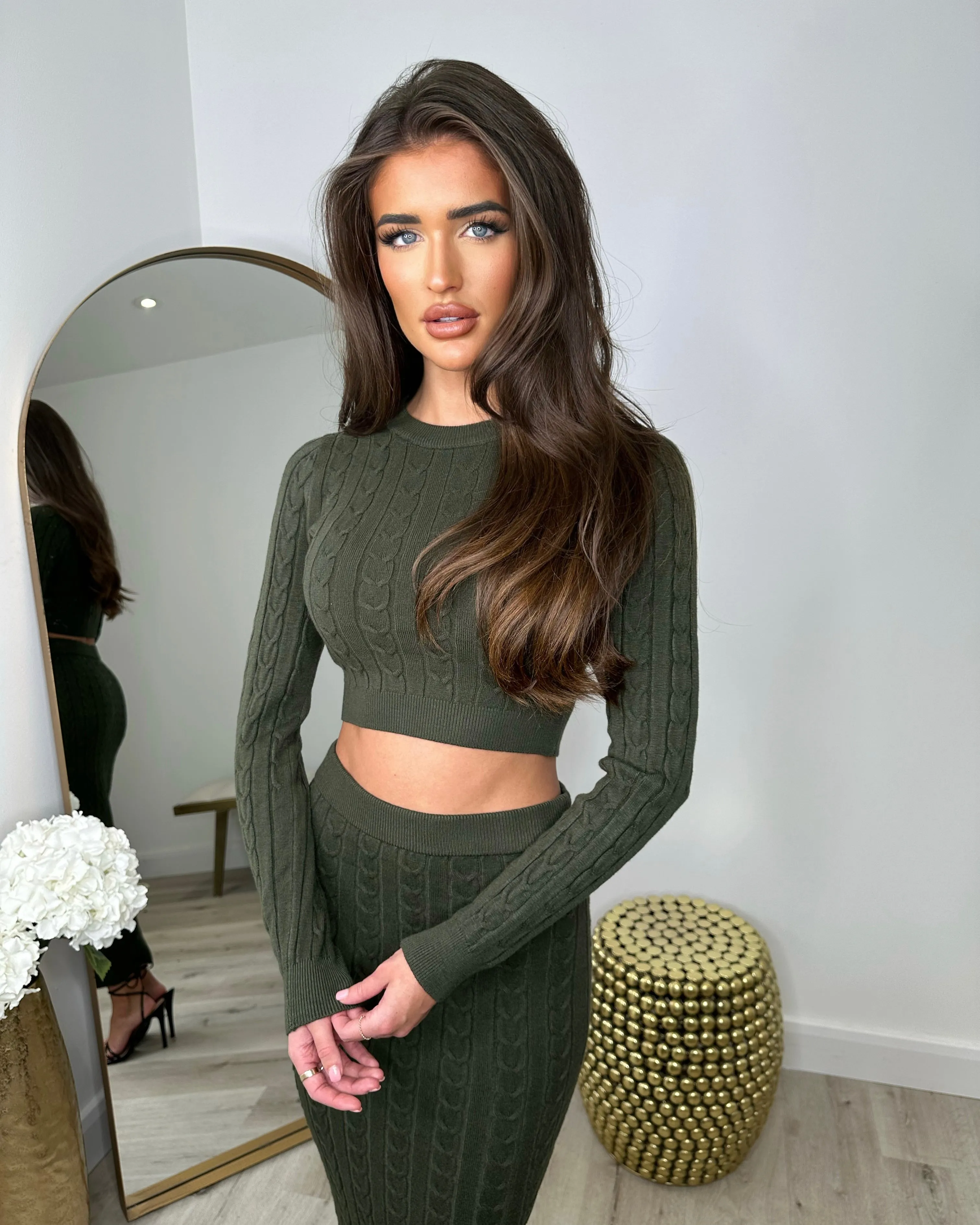 Gemma Cable Knit Skirt & Crop Jumper Set - Khaki