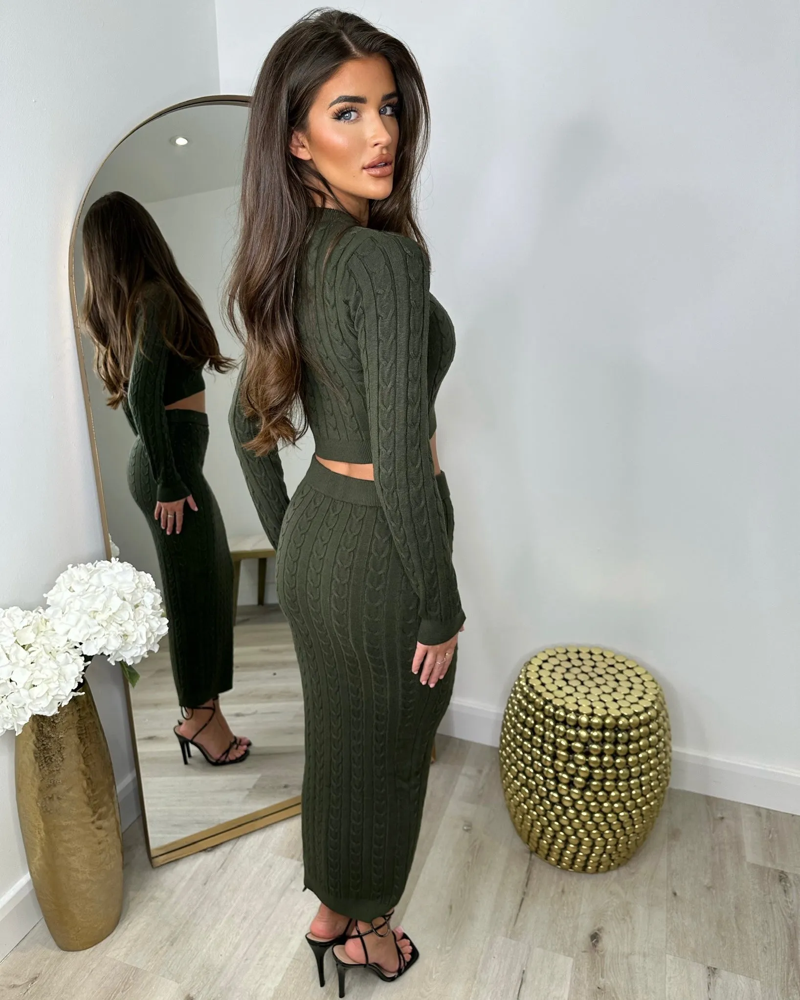 Gemma Cable Knit Skirt & Crop Jumper Set - Khaki