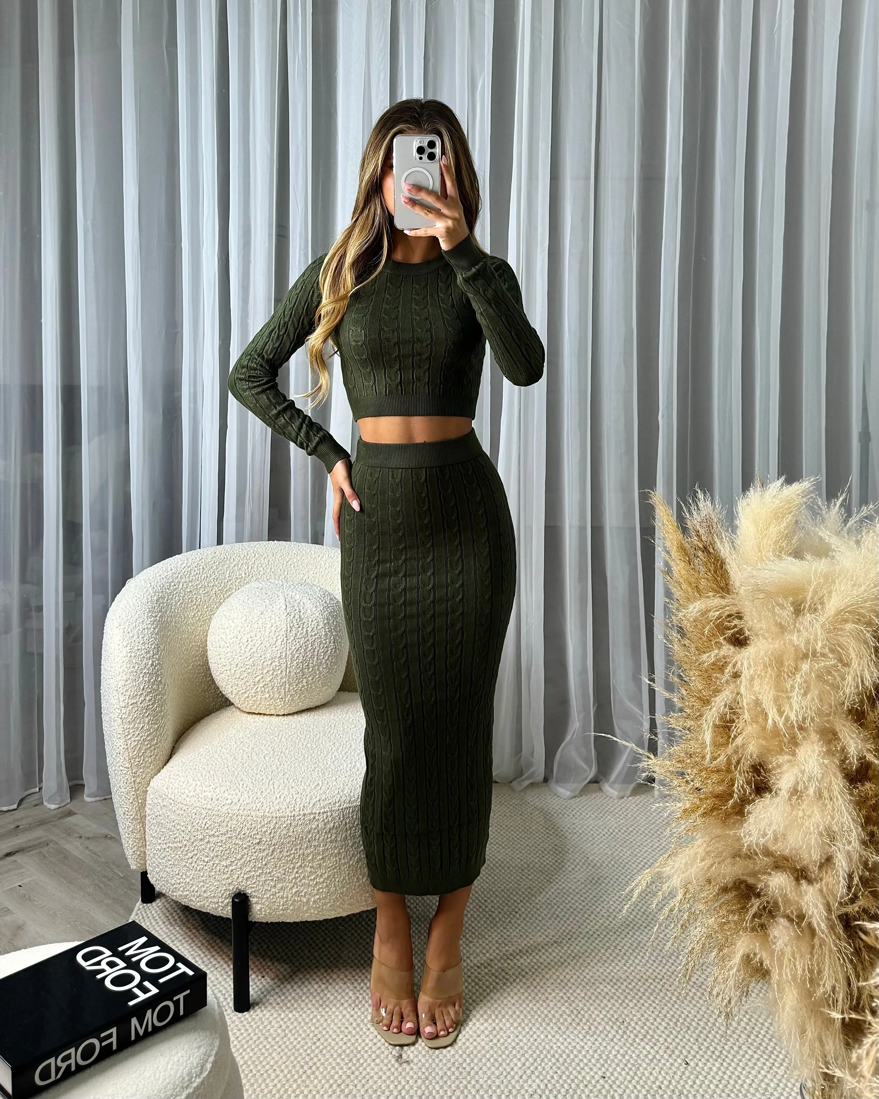 Gemma Cable Knit Skirt & Crop Jumper Set - Khaki