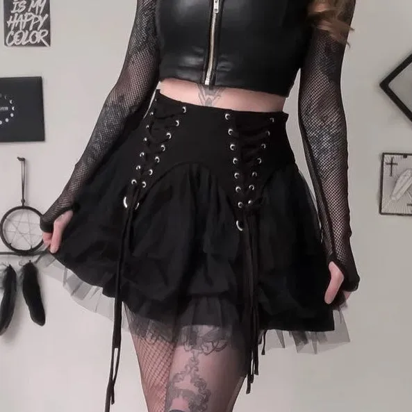 Gothic Patchwork Mesh Bandage Lace Strap Skirt