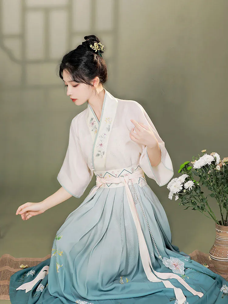 Graceful Vintage Ombre Blue Embroidered Flower Modern Hanfu Skirt Inspired by the Song Dynasty