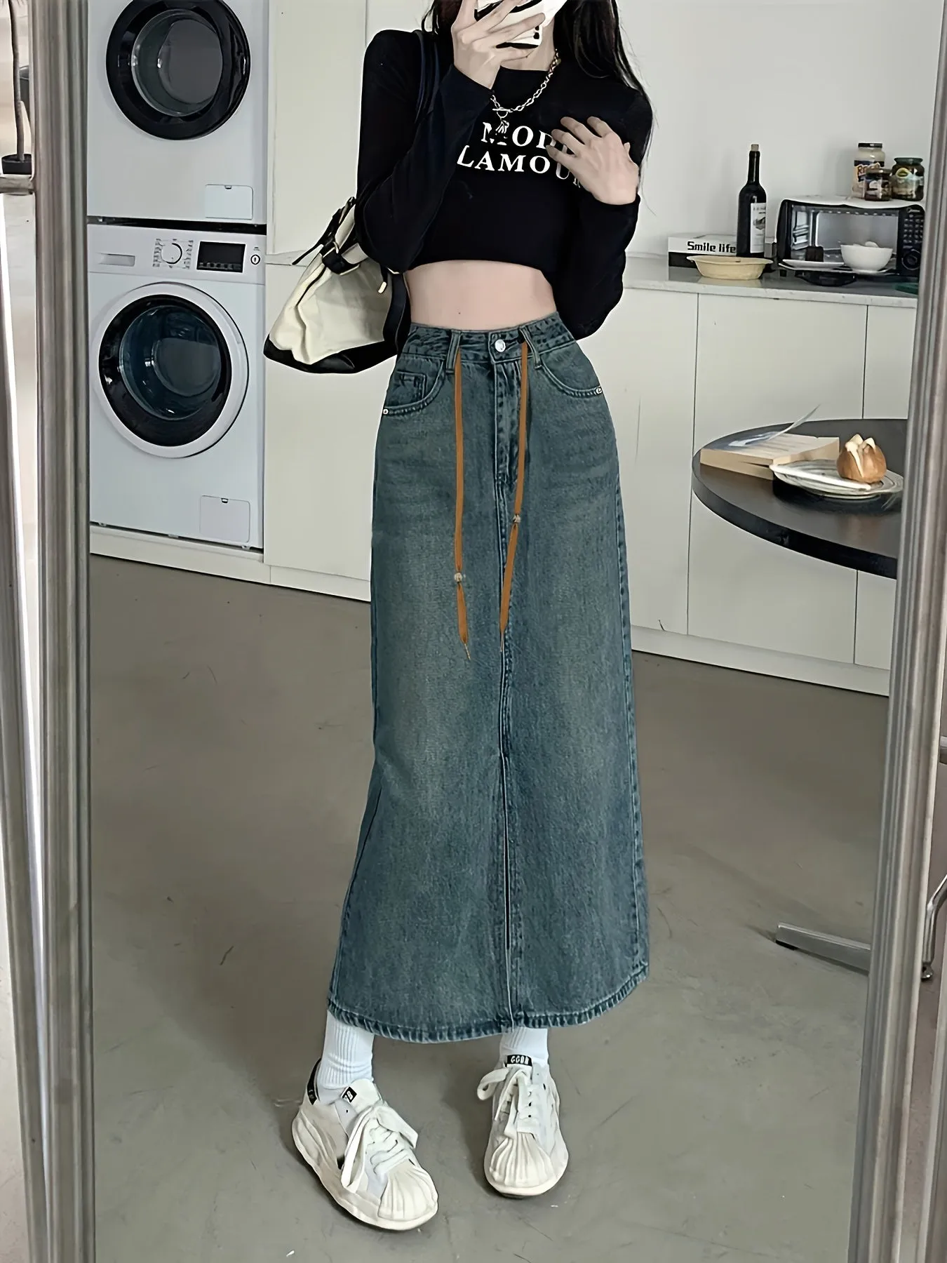 High Waist Split Denim Skirt, Slant Pockets Retro Style Denim Skirt, Women's Denim Clothing