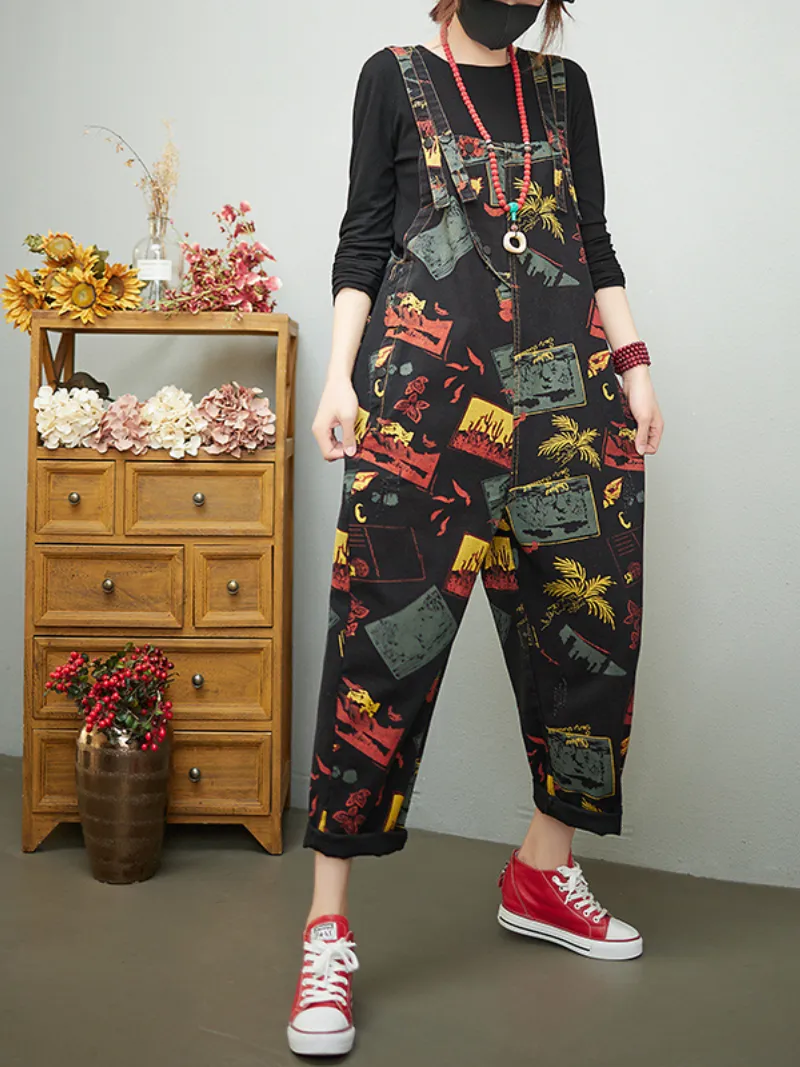 Keep Your Dream Save Denim Printed High Waist Overalls