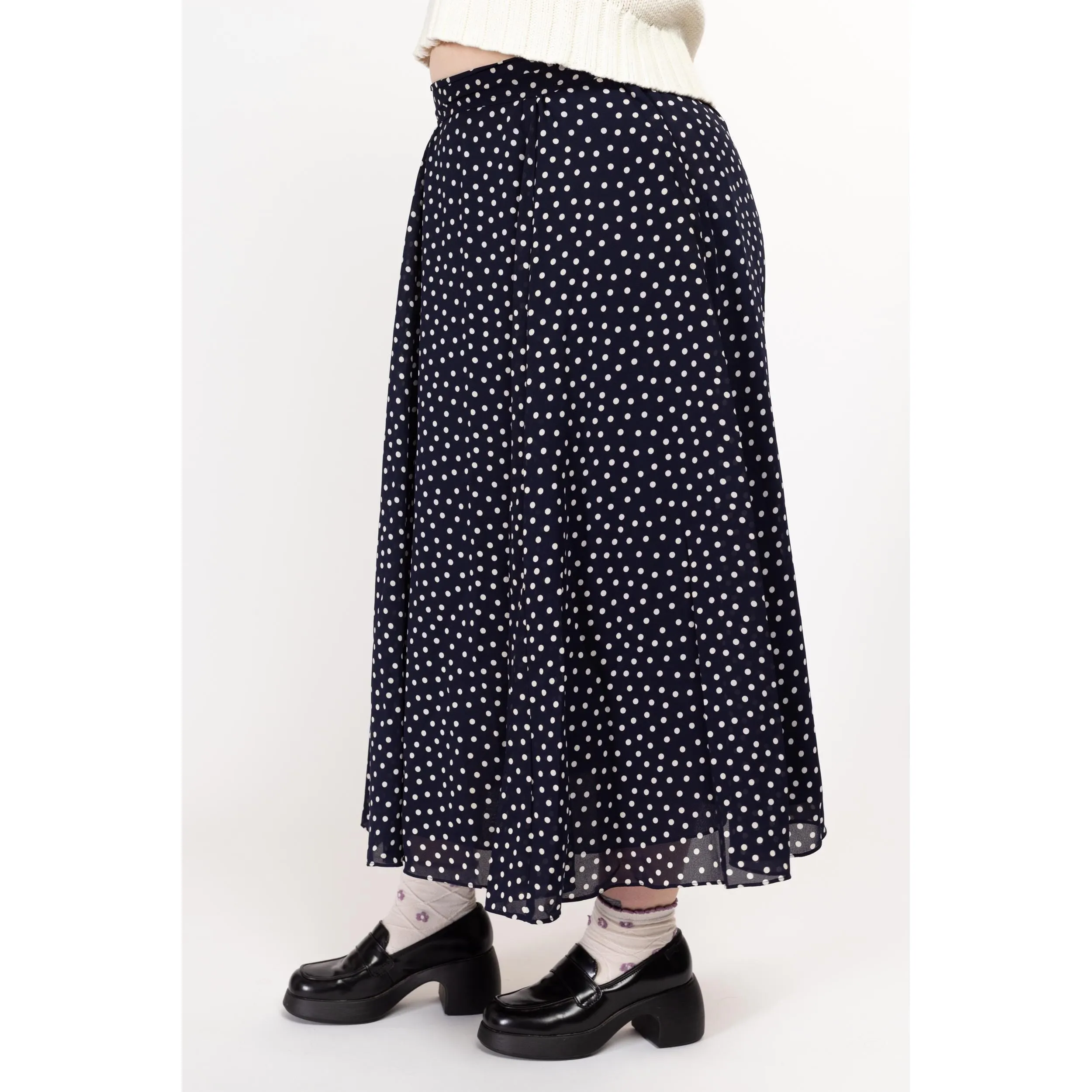 Large 90s Navy Blue Polka Dot Maxi Skirt