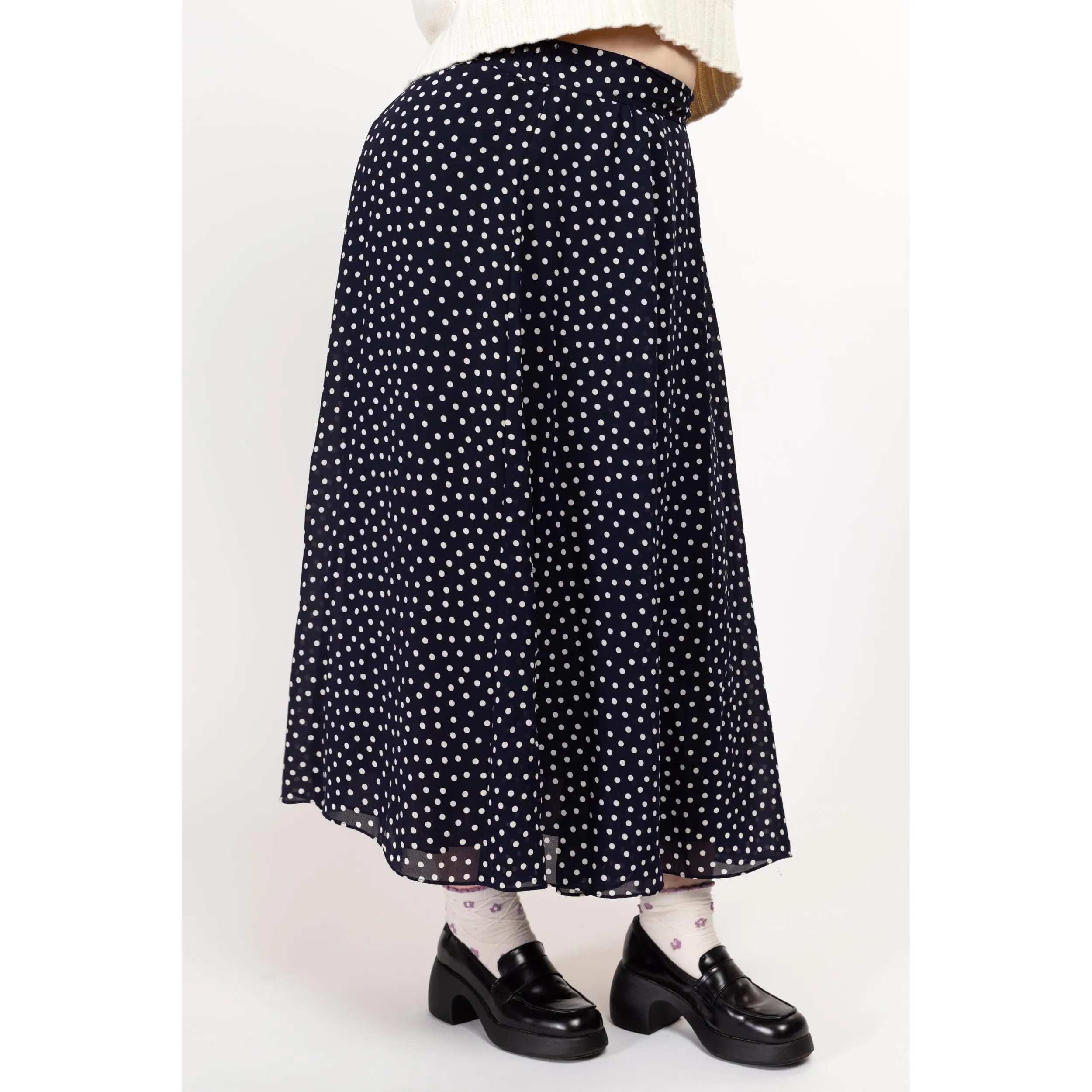 Large 90s Navy Blue Polka Dot Maxi Skirt