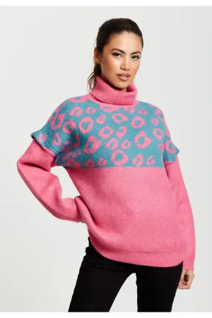 Liquorish Animal Pattern Roll Neck Jumper In Pink Turquoise