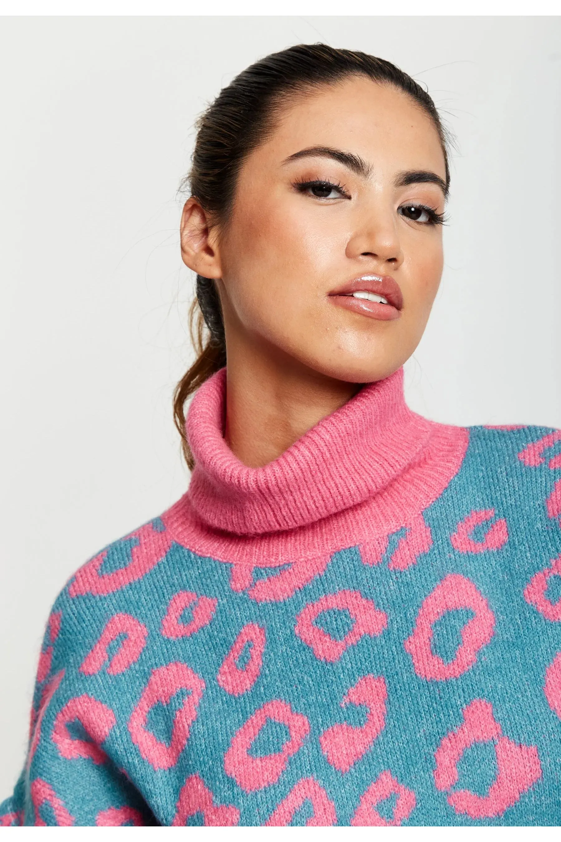 Liquorish Animal Pattern Roll Neck Jumper In Pink Turquoise