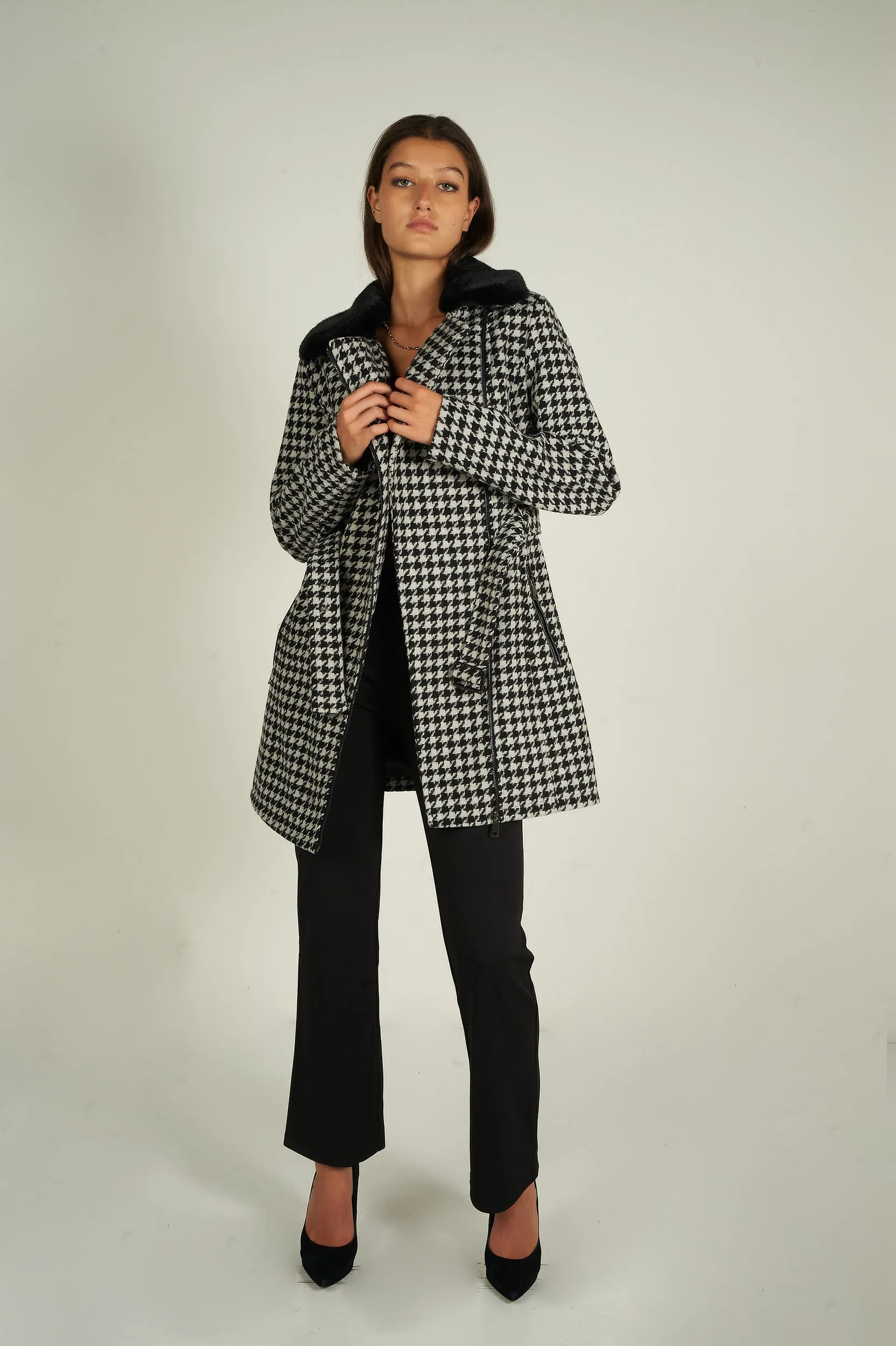 Manteau long à motif pied-de-poule - LL00551 - (E-C8)