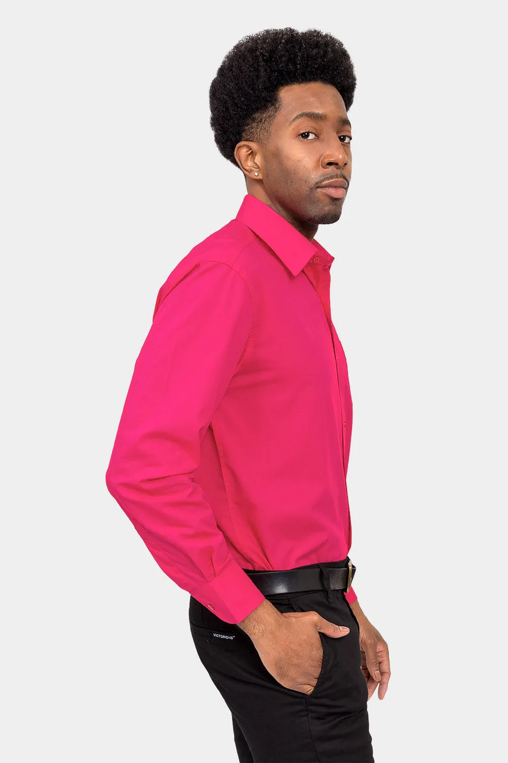 Men's Basic Solid Color Button Up Dress Shirt (Fuchsia)