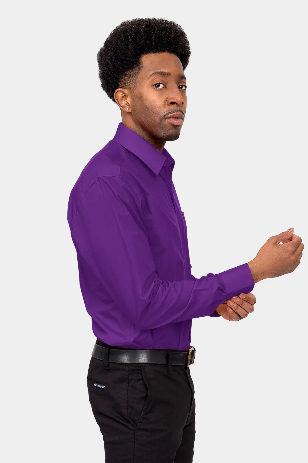 Men's Basic Solid Color Button Up Dress Shirt (Purple)