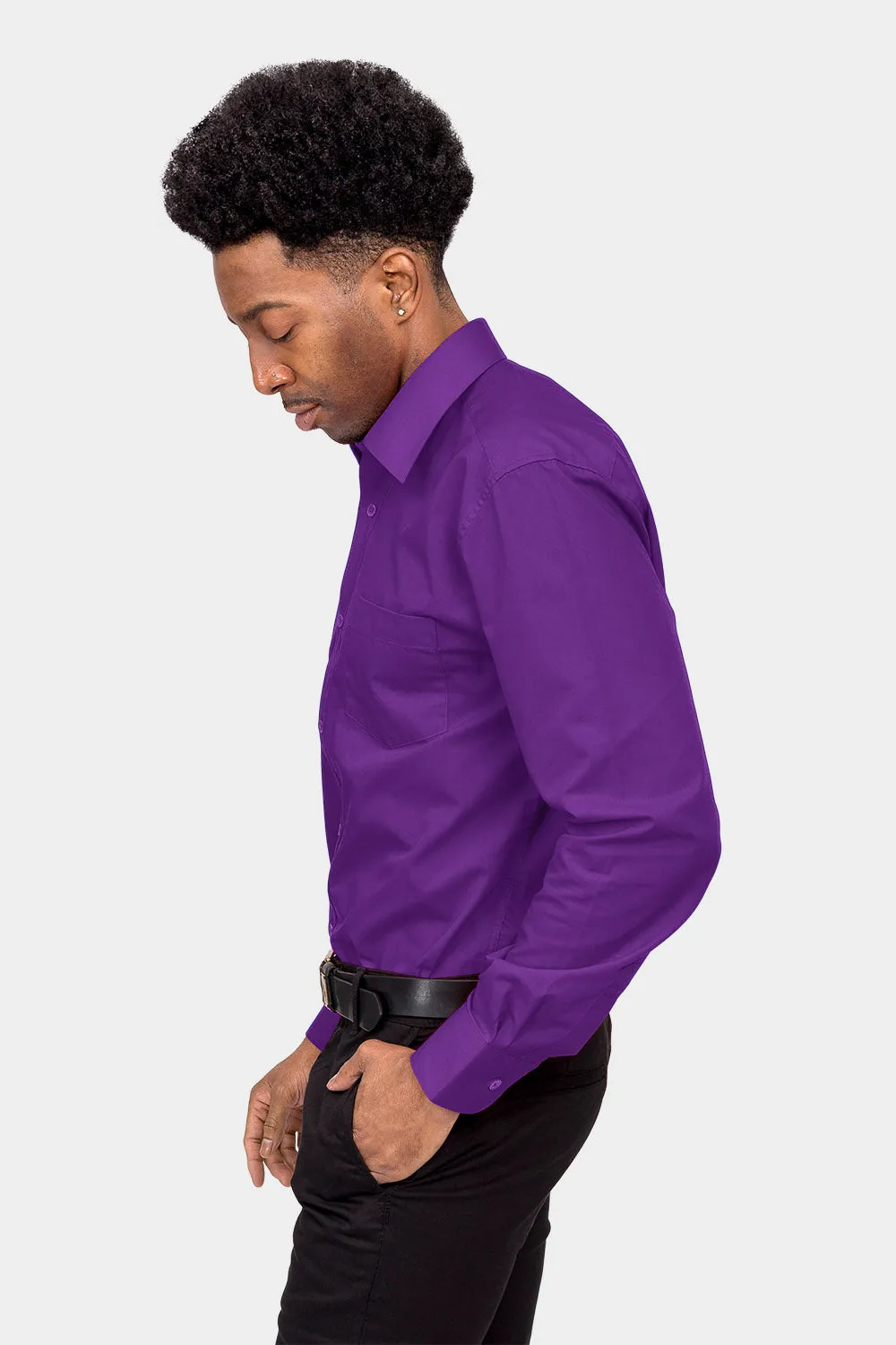 Men's Basic Solid Color Button Up Dress Shirt (Purple)