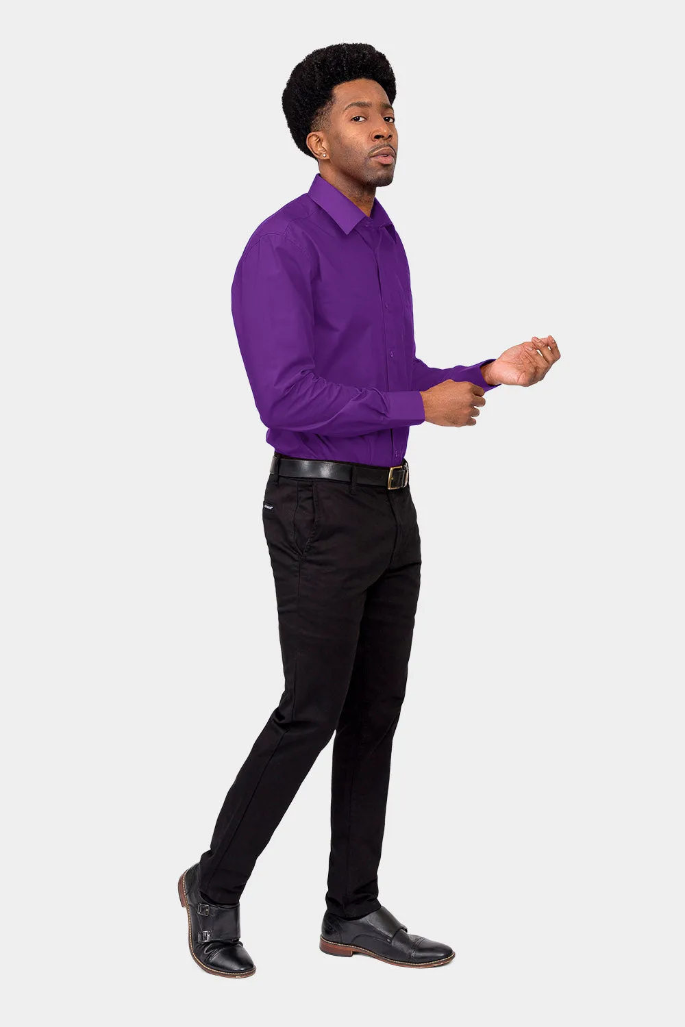 Men's Basic Solid Color Button Up Dress Shirt (Purple)