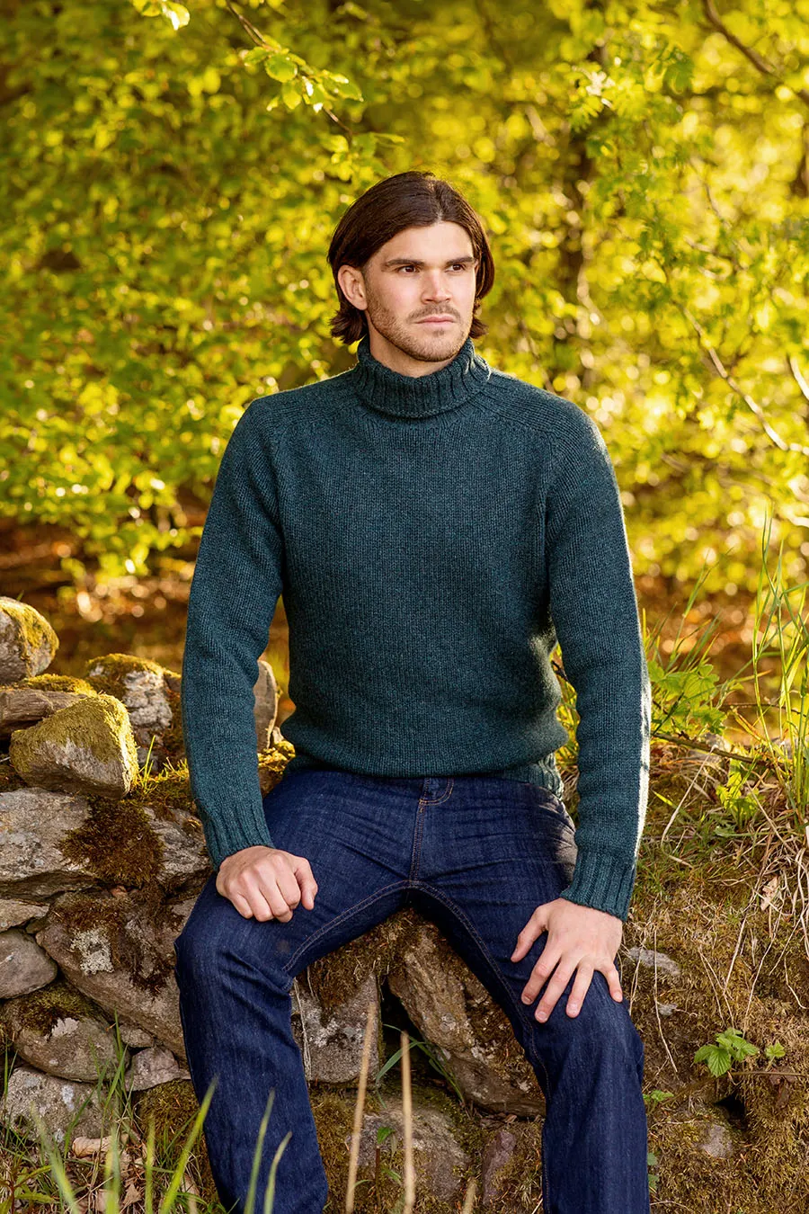 Mens Chunky Geelong Superfine Lambs wool Polo Neck Jumper - Teal