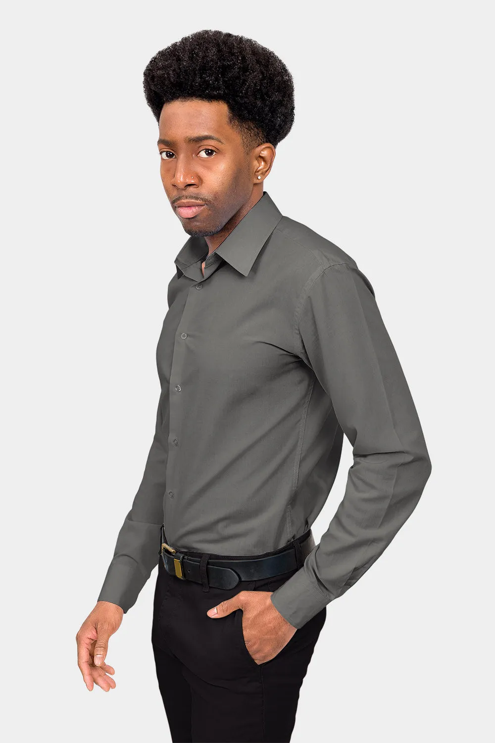 Men's Slim Fit Solid Color Dress Shirt (Charcoal)