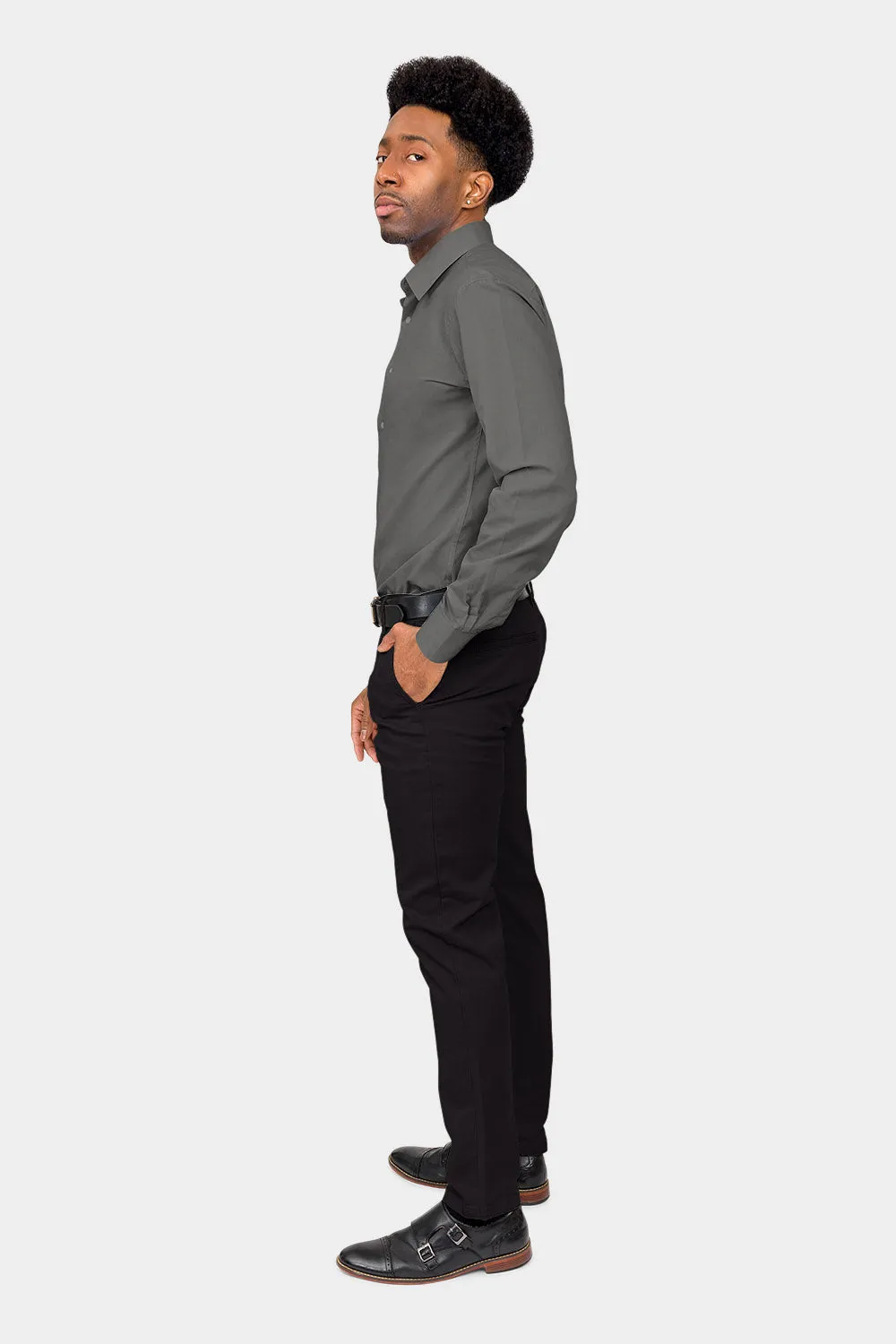 Men's Slim Fit Solid Color Dress Shirt (Charcoal)