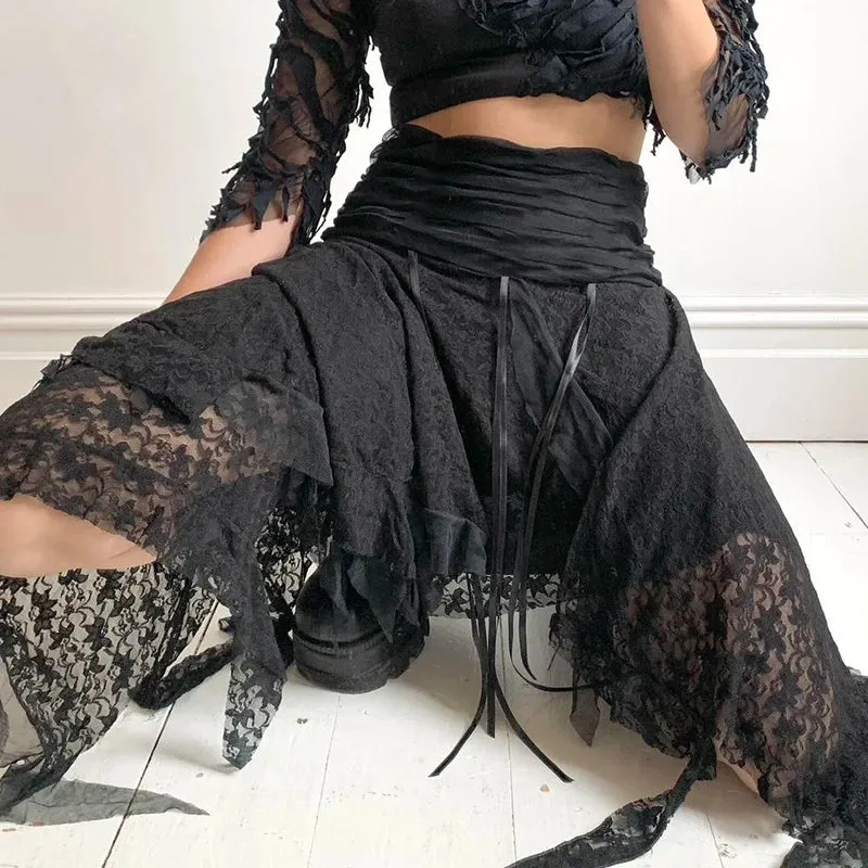 Metaversmall Streetwear Asymmetrical Slim Lace Skirt Female Folds Tie-Up Stitching Holidays Party Sexy Midi Skirt Fringe Clothing