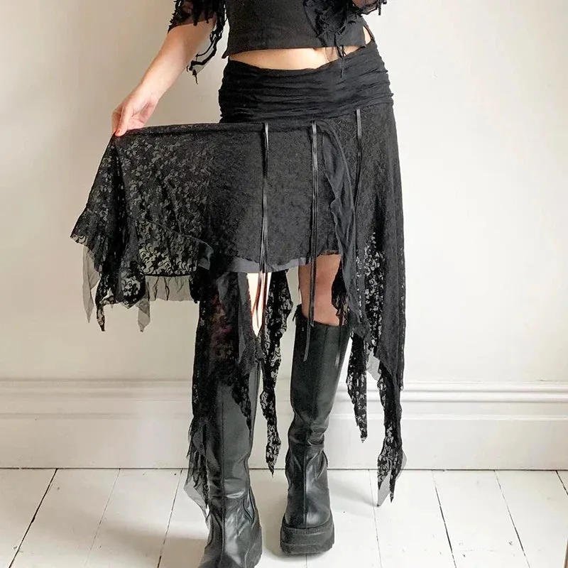 Metaversmall Streetwear Asymmetrical Slim Lace Skirt Female Folds Tie-Up Stitching Holidays Party Sexy Midi Skirt Fringe Clothing