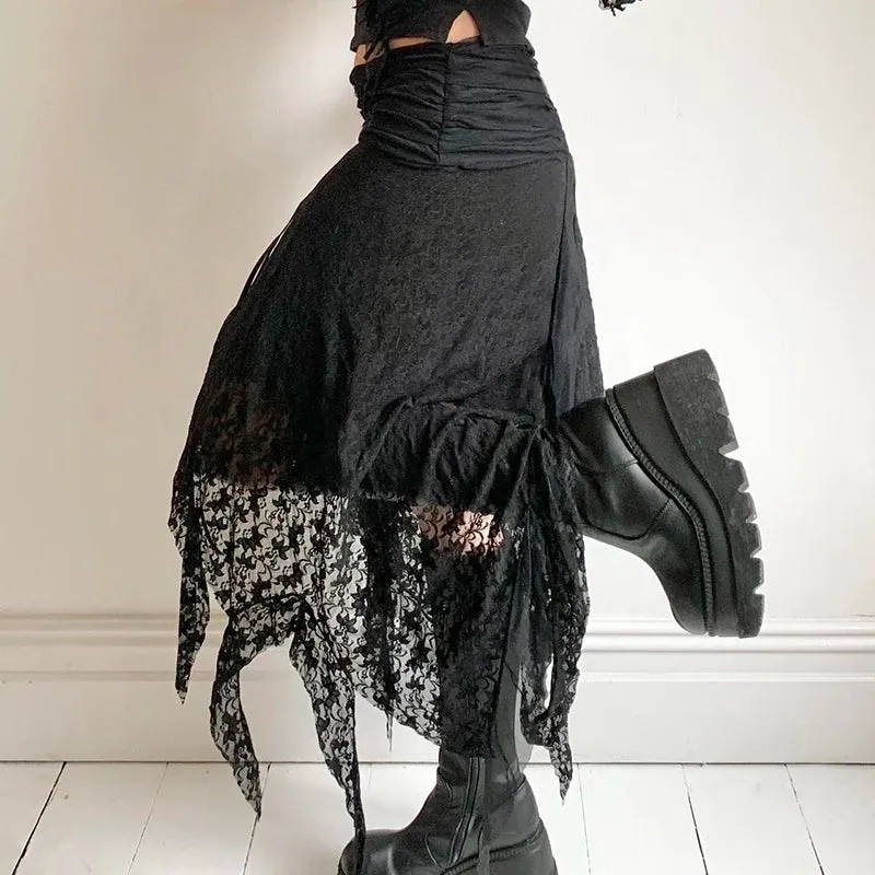 Metaversmall Streetwear Asymmetrical Slim Lace Skirt Female Folds Tie-Up Stitching Holidays Party Sexy Midi Skirt Fringe Clothing