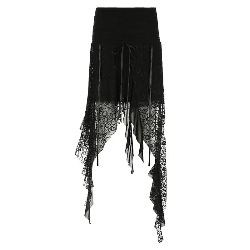 Metaversmall Streetwear Asymmetrical Slim Lace Skirt Female Folds Tie-Up Stitching Holidays Party Sexy Midi Skirt Fringe Clothing