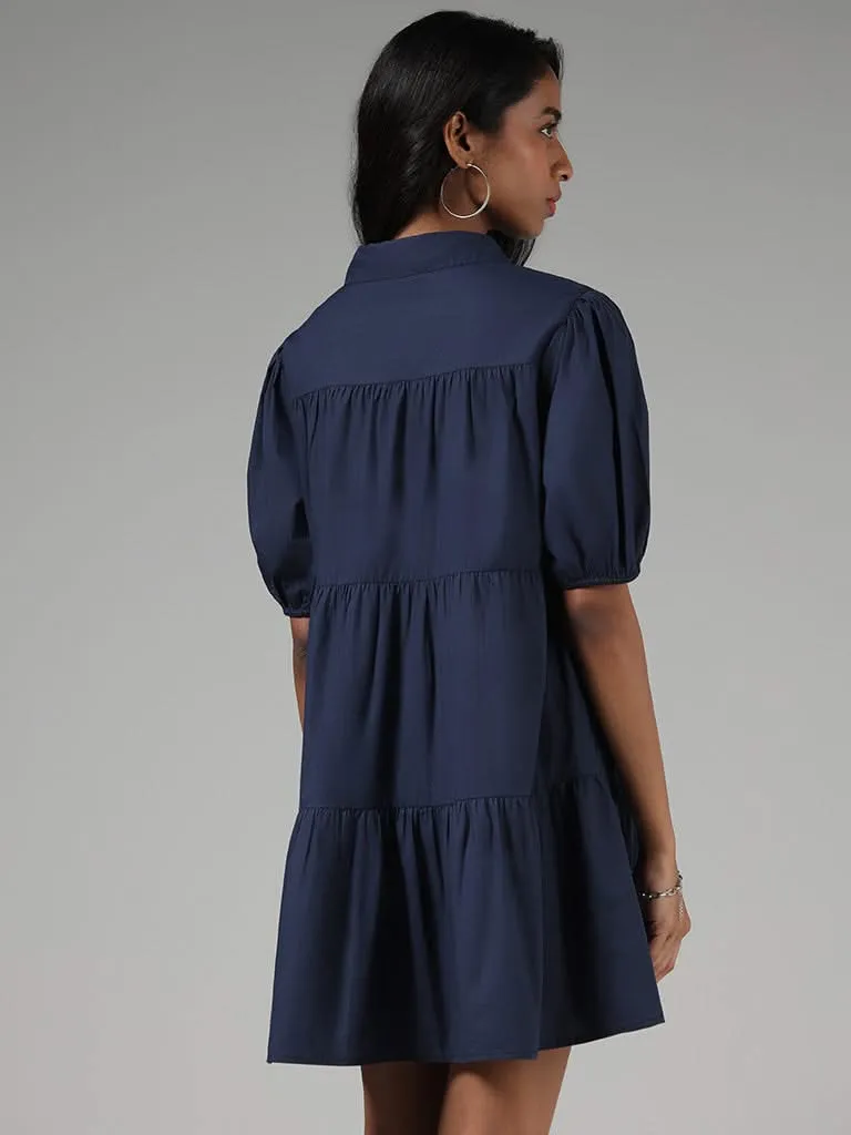 Nuon Solid Navy Blue Tiered Shirt Dress