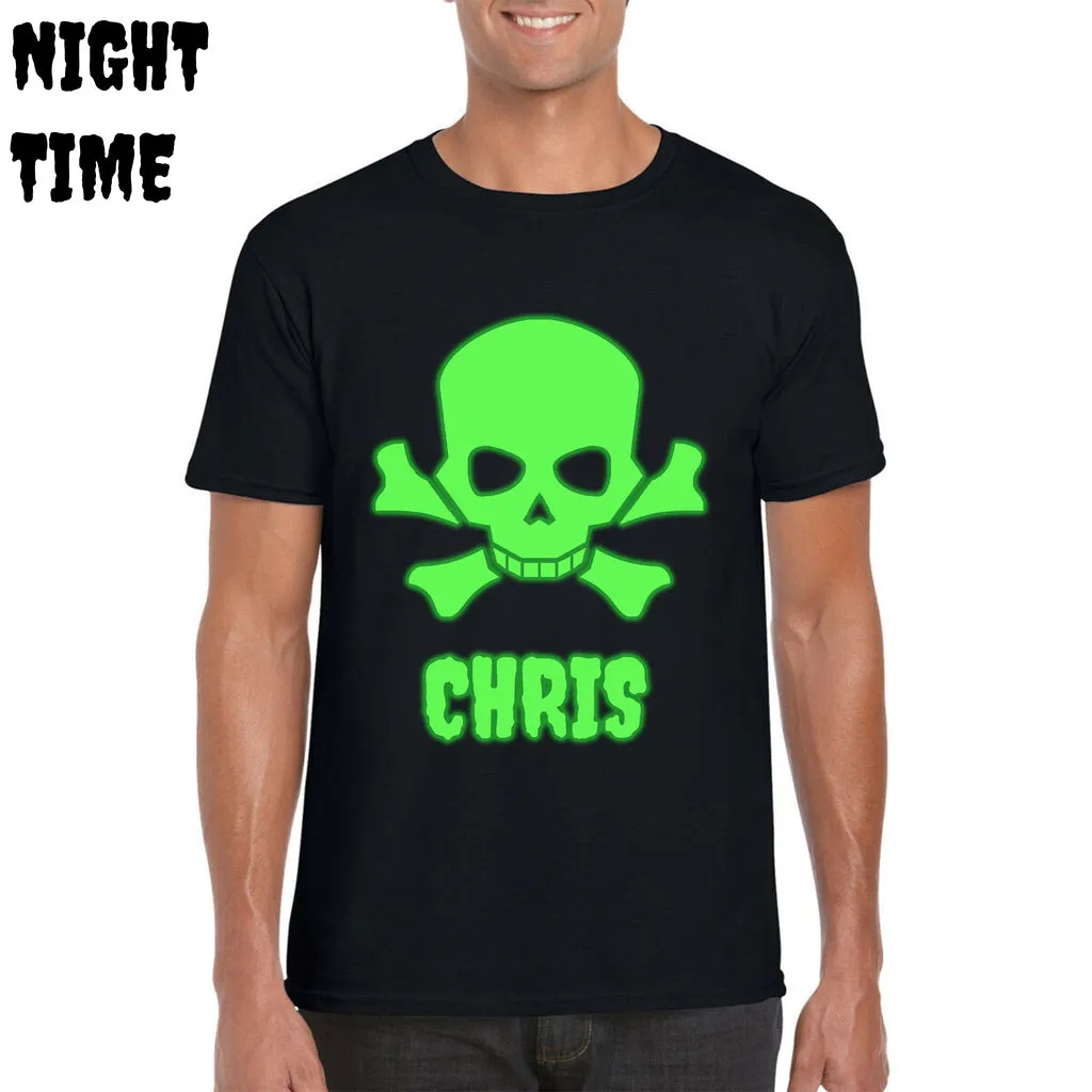 PERSONALISED GLOW IN THE DARK HALLOWEEN T-SHIRT, ADD YOUR NAME SKULL PUMPKIN