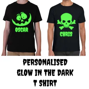 PERSONALISED GLOW IN THE DARK HALLOWEEN T-SHIRT, ADD YOUR NAME SKULL PUMPKIN