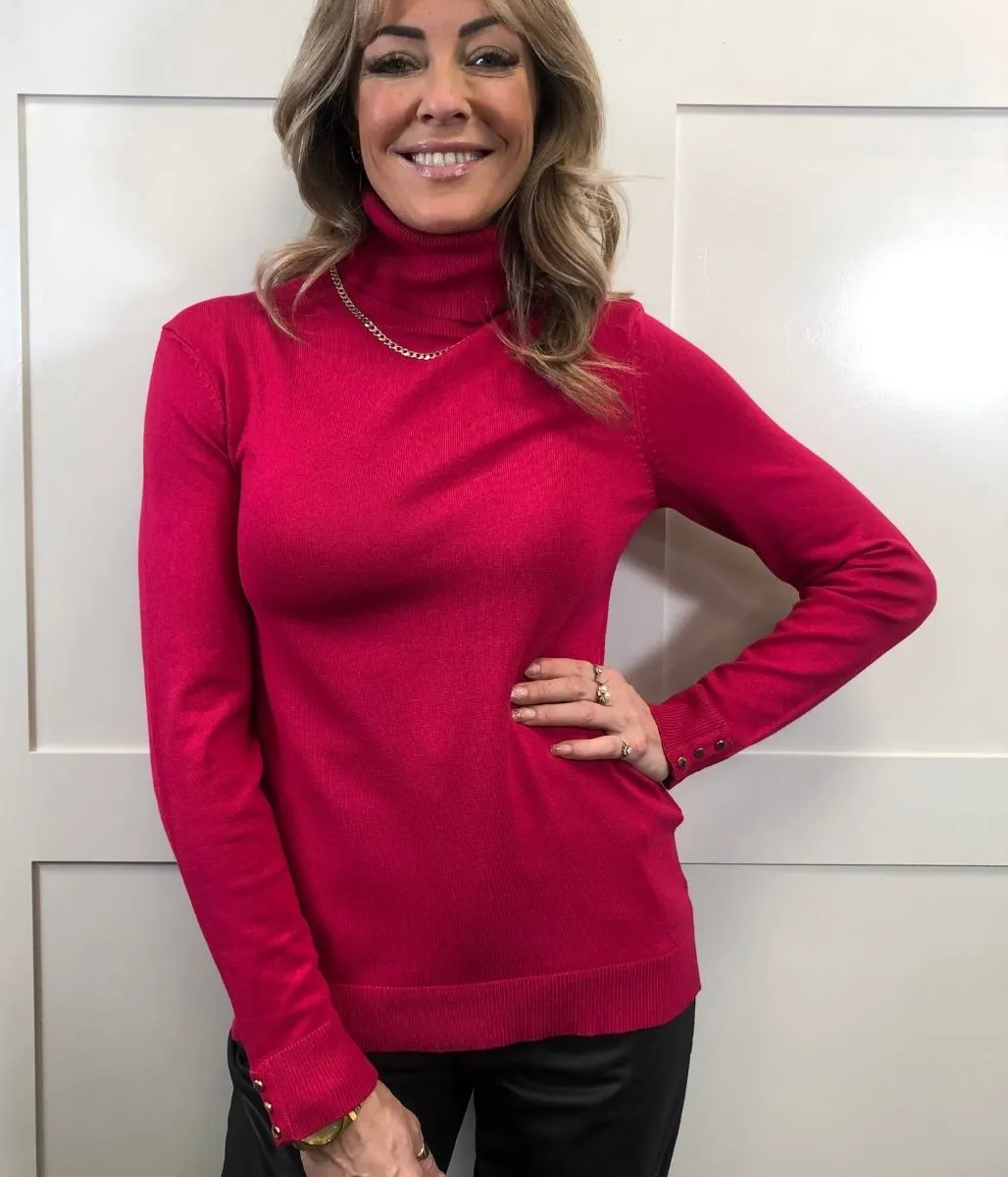 Pink Roll Neck Fine Knit Jumper