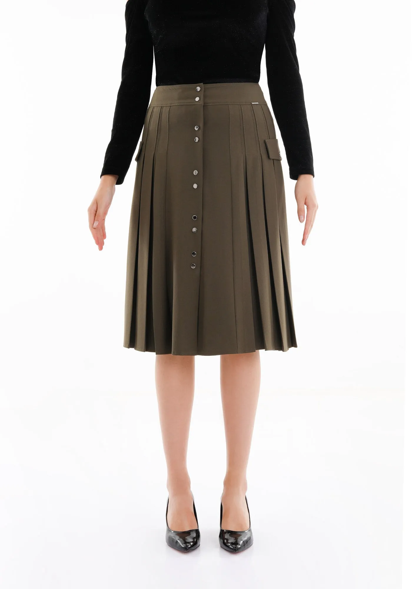 Pleated Button-Front Khaki Midi Skirt