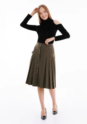 Pleated Button-Front Khaki Midi Skirt