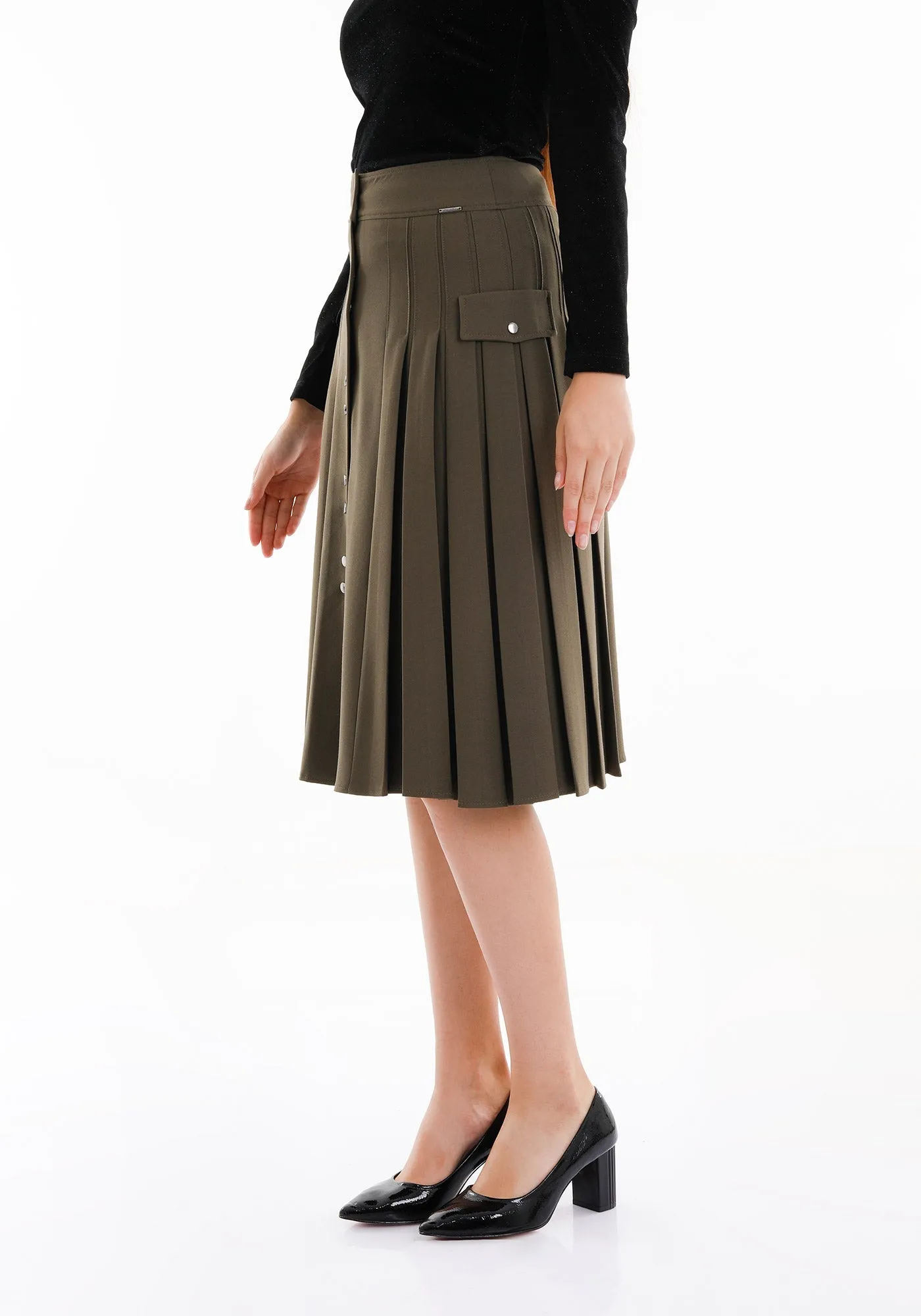 Pleated Button-Front Khaki Midi Skirt