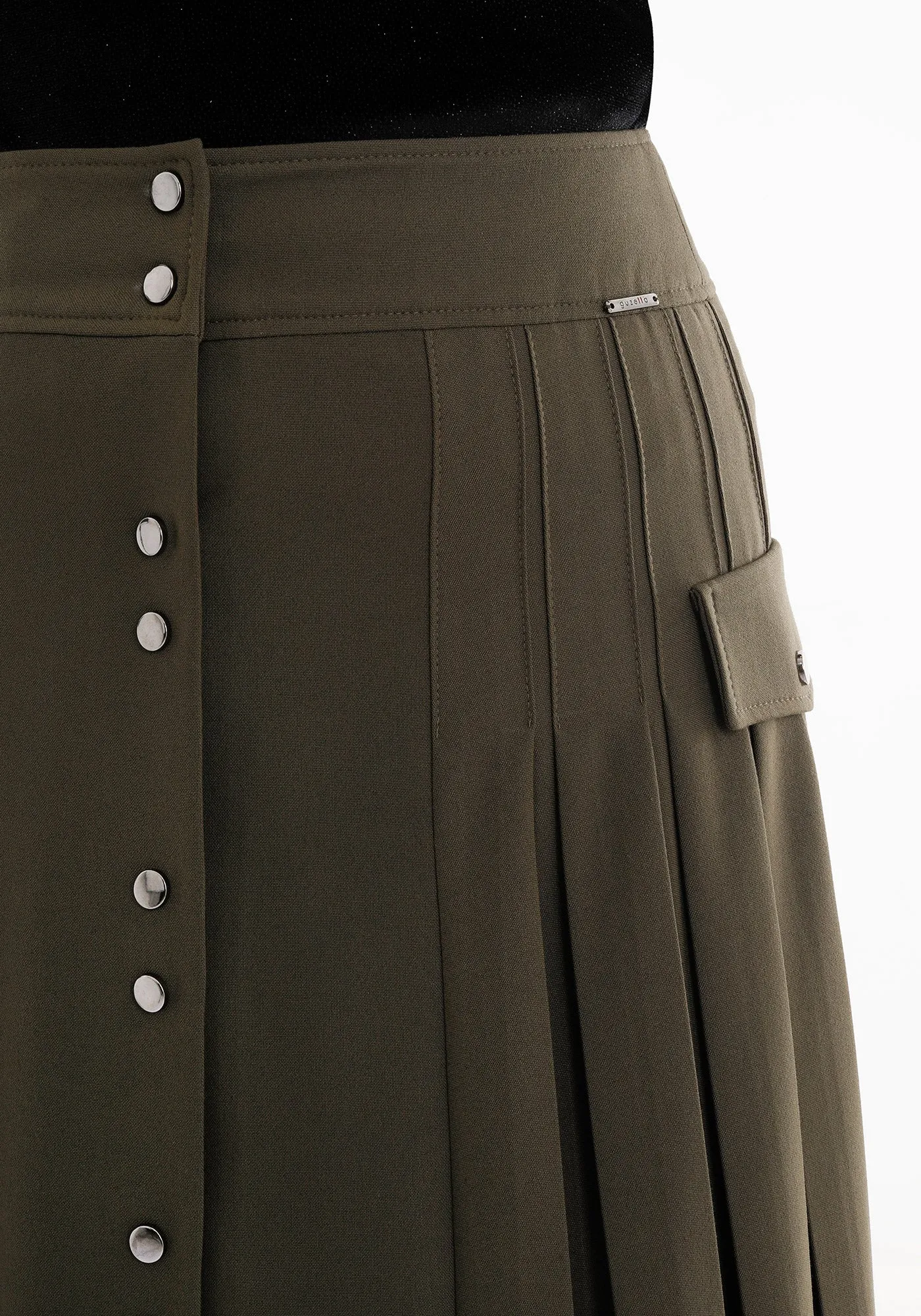 Pleated Button-Front Khaki Midi Skirt