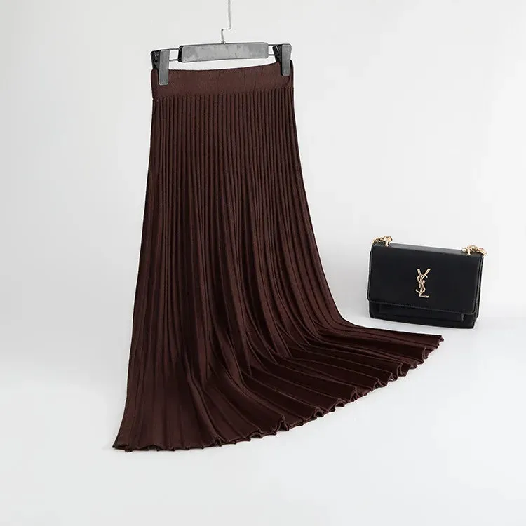 Pleated Vertical Striped Midi Skirts Chic High Waist