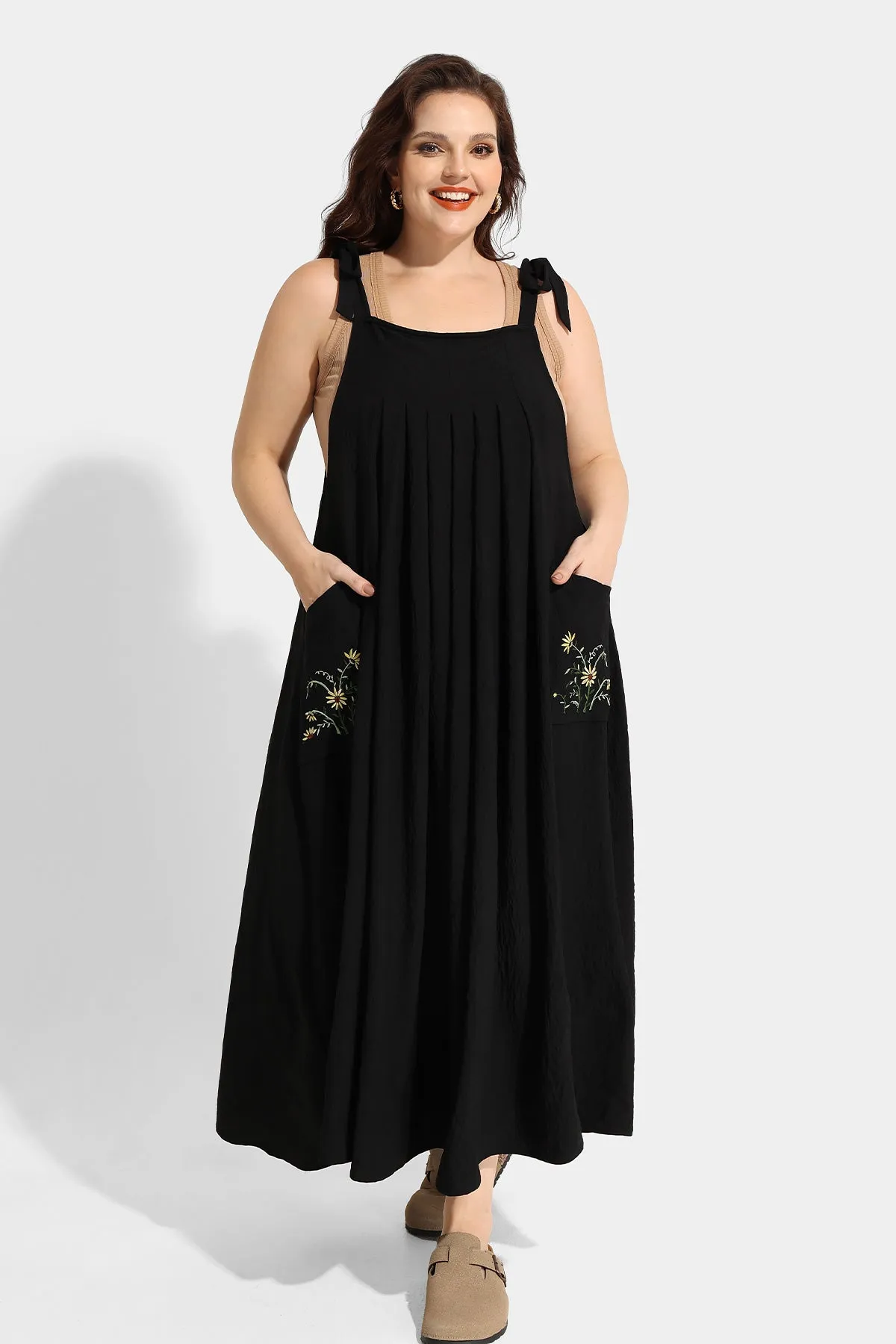 Pocket Floral Adjustable Strap Overall Maxi Dress