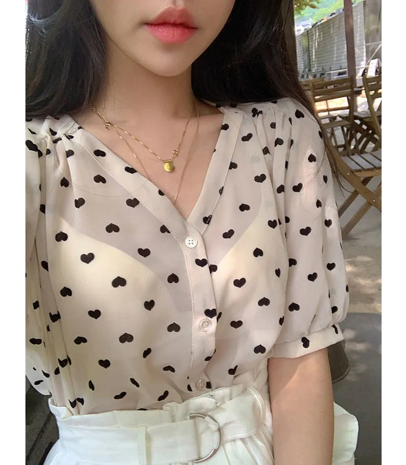 Printed Micro Loose Short sleeve Chiffon Girls Blouse   High waist Skirt