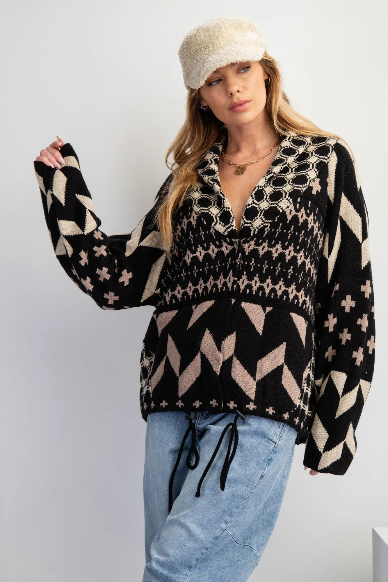 Printed Sweater Drawstring Hem Oversized Pullover Cardigan