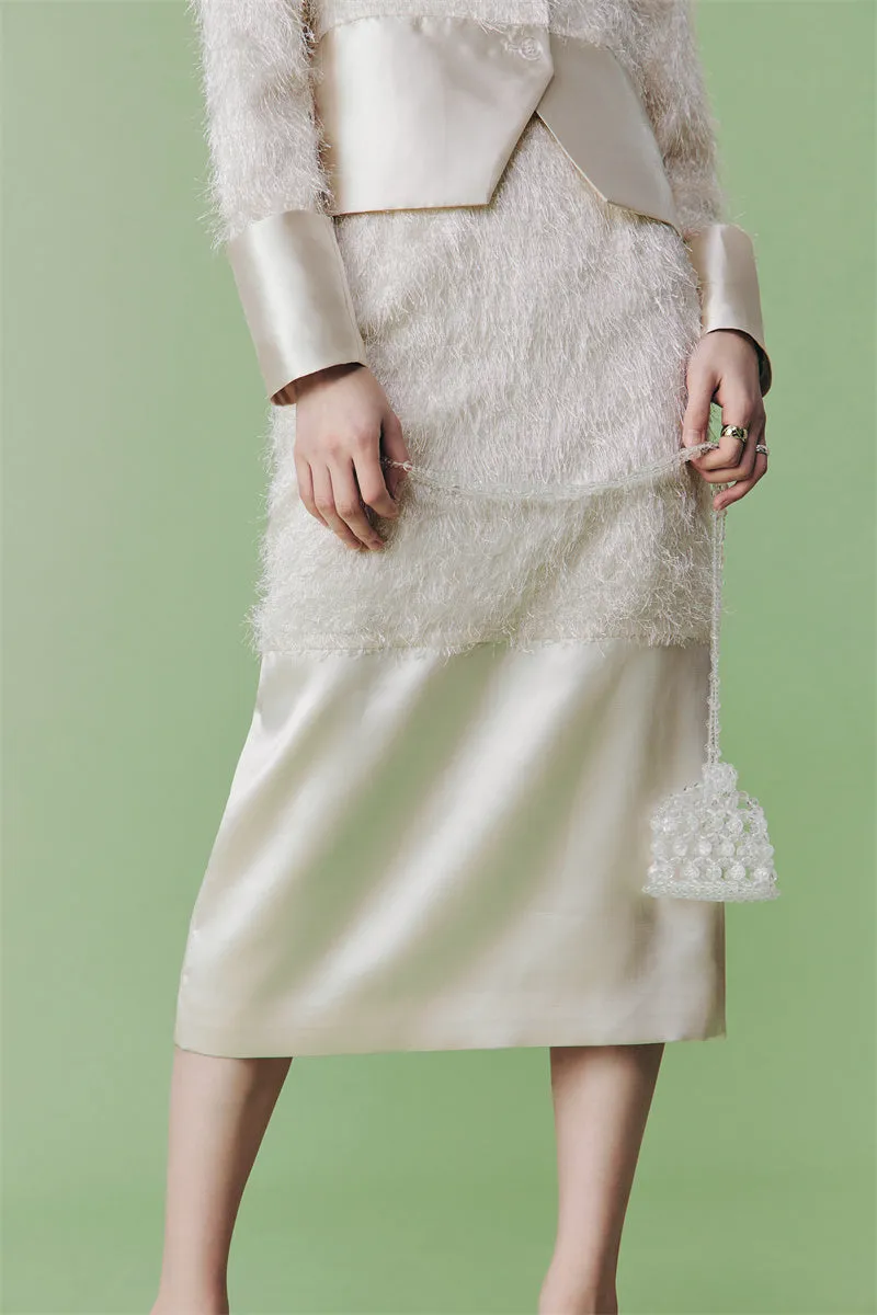 PURITY French elegant style unique high-luxury fringe, cream white half coat skirt set- Charlize