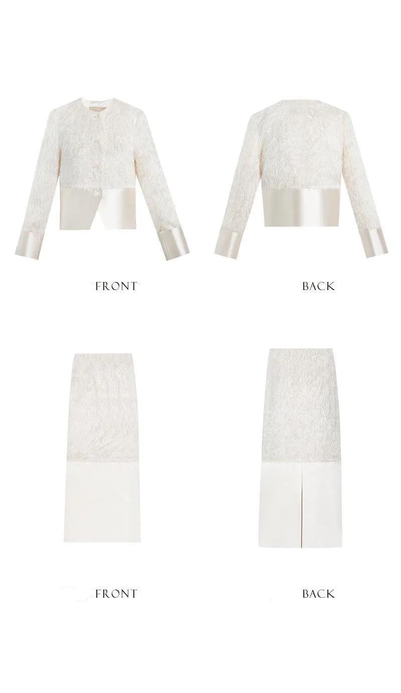 PURITY French elegant style unique high-luxury fringe, cream white half coat skirt set- Charlize