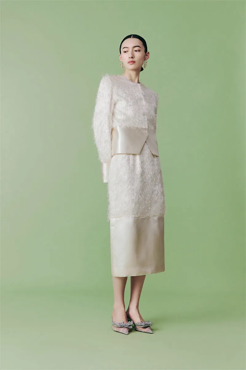 PURITY French elegant style unique high-luxury fringe, cream white half coat skirt set- Charlize