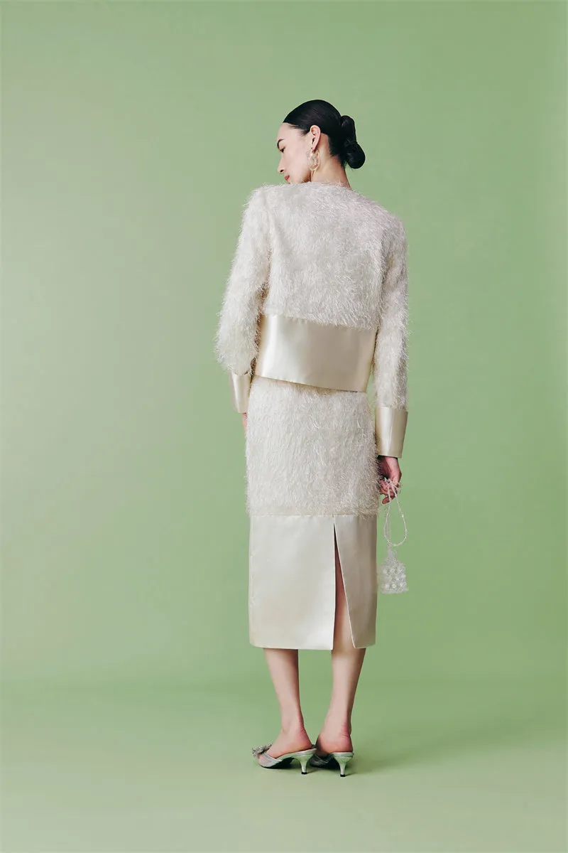 PURITY French elegant style unique high-luxury fringe, cream white half coat skirt set- Charlize