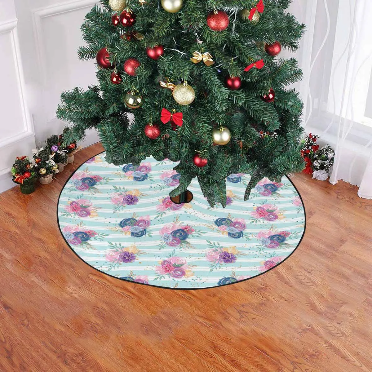 Purple and Pink floral Blue Stripes  Christmas Tree Skirt