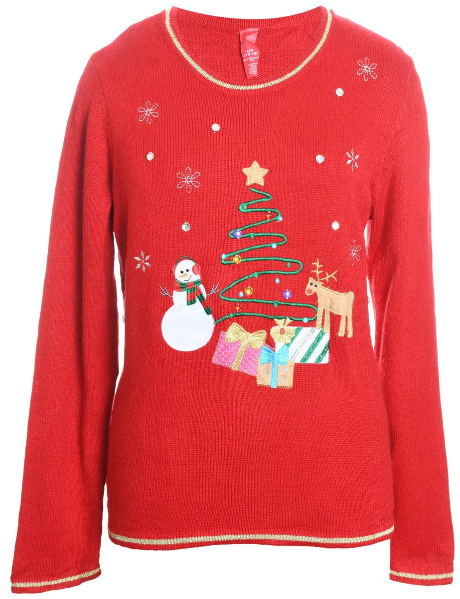 Red Embroidered Christmas Tree Design Jumper - L